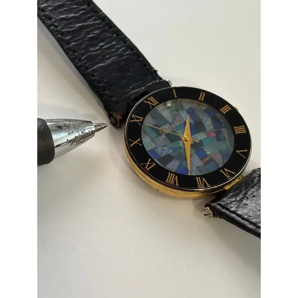 Vintage Gold Tone Watch Black Opal Mosaic Dial